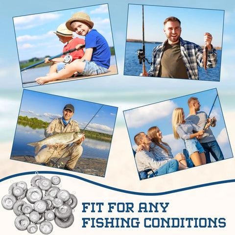 Collage showing 24 Piece Disc Sinker Set For Saltwater Fishing Catfishing Trolling And Surf Tackle Includes 1 2 3 4 6 Oz Weights Durable Lead Sinkers Built To Withstand Saltwater Corrosion