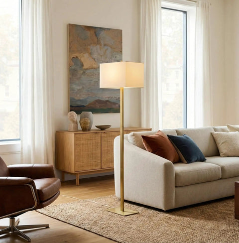Stella Brass Floor Lamp With Modern Mid Century Vibe For Living Rooms And Offices, Tall Led Reading And Work Lamp With Hefty Base, Warm Ambient Glow And Fresh Contemporary Decor