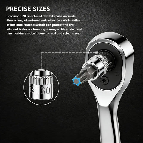 Close-up of T30 socket from Torx Bit Socket Set 13 Piece T8 To T70 CRV Star Sockets Pro Grade showing precise size and fit on ratchet.