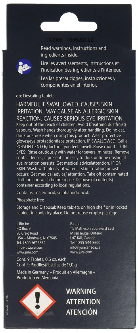 Back of packaging for Descaling Tablets For Auto Coffee Makers, 9 Tabs Per Pack, Three Packs Total 27 Tabs showing warnings and ingredients.