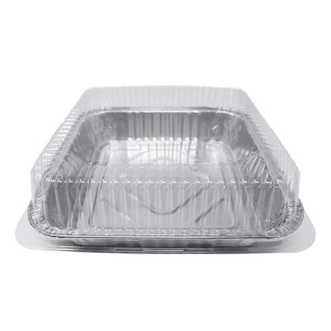 35 Pack 8x8 Inch Square Baking Pans With Snap-On Plastic Dome Lids, view of the closed lid on aluminum foil tin