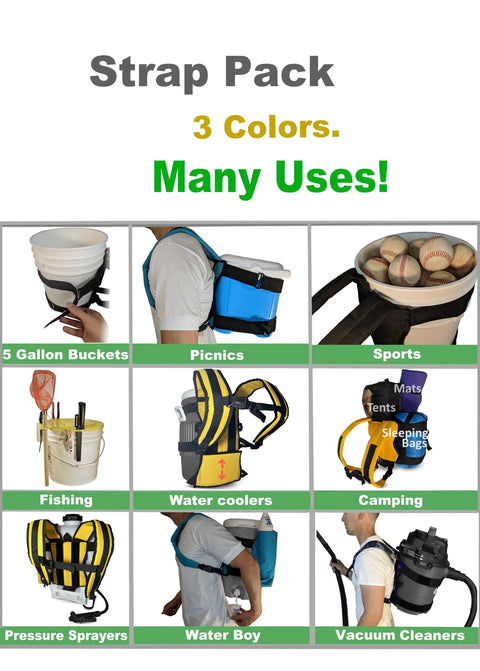 Collage showing Heavy Duty Five Gallon Bucket Backpack in various uses like fishing, picnics, sports, camping, and more.