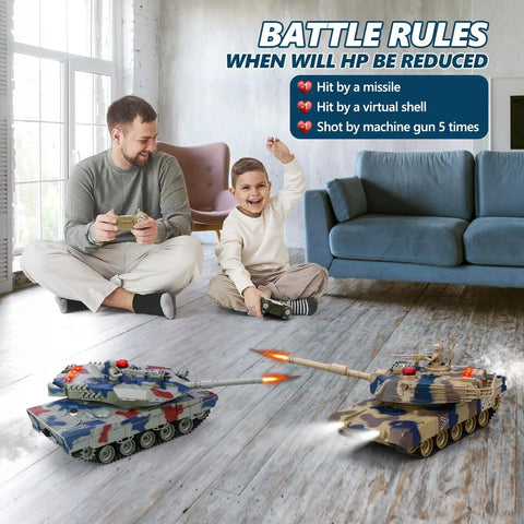 Father and son playing with Two Pack RC Battle Tanks One Twenty Fourth Scale For Kids And Adults 2.4GHz Wireless Battle Set indoors.