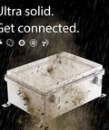 Junction Box IP67 Waterproof Electrical Enclosure with Transparent Inner Door, Hinged Grey Cover in rainy environment.