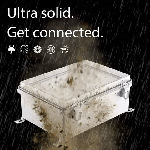 Junction Box IP67 Waterproof Electrical Enclosure with Transparent Inner Door, Hinged Grey Cover in rainy environment.