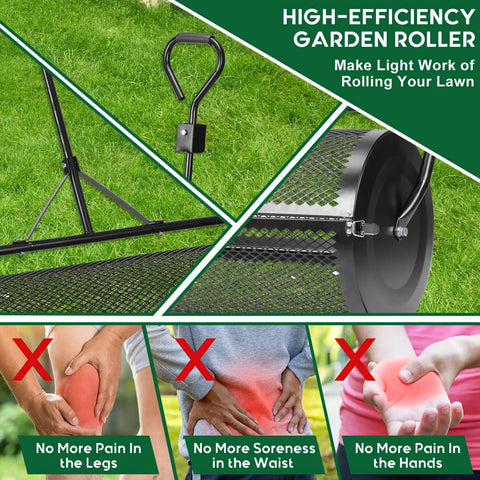 Compost And Peat Moss Spreader With 2-In-1 ATV And T Shaped Handle 44 Inch Rolling Width 5.6 Cubic Feet Capacity Lawn And Garden Roller With Laser Cut Wire Mesh Baskets For Spreading Topsoil And Manure in close-up sections showing handle and wire mesh.