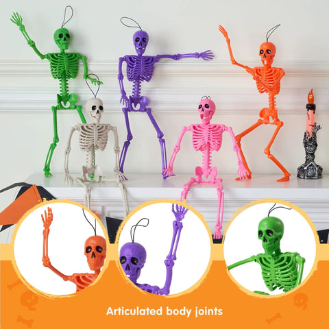 Spooky Hanging 16 Inch Posable Skeleton Set For Halloween Decor in vibrant colors with full body joints on display