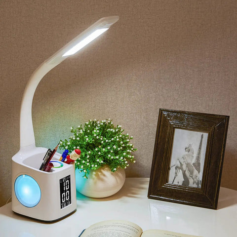 7 In 1 Study Desk Lamp With USB Charging, 256 Color Changing Base, Pencil Holder, Clock, Calendar, LCD Screen, Reading Light