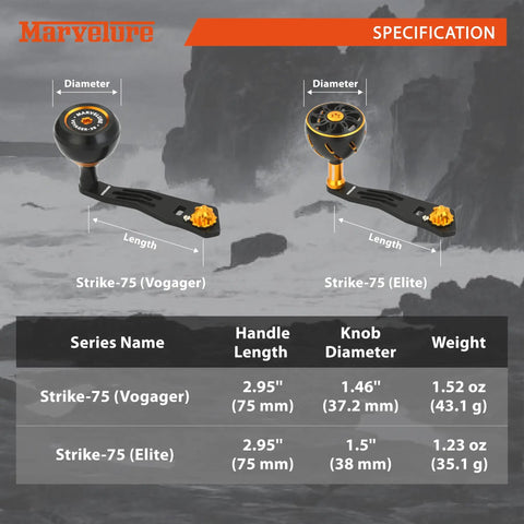 Chart showing specifications for Beefy Power Handle 2.95 Inch 75 Mm For Baitcast Reels with 1.46 Inch and 1.5 Inch knobs.
