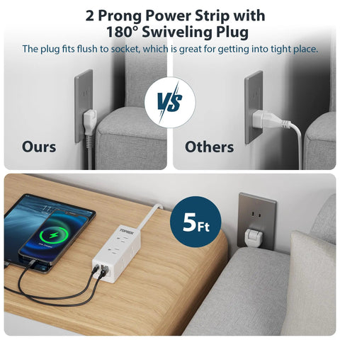 Dope Surge Protector Power Strip With 5 Outlets And 4 USB Ports Including USB C Quick Charge 3A shown on desk with 180° plug