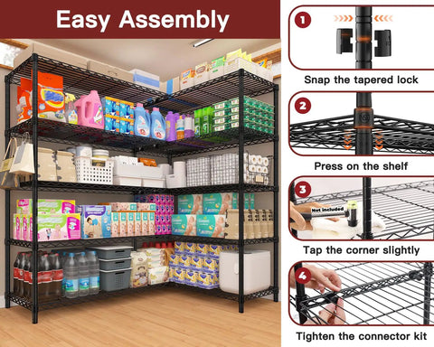 72 Inch Wide Wire Shelving Rack, Heavy Duty 1750 Lbs Capacity, 16 Inch Deep, 76 Inch High, L Shaped Storage Shelves For Garage, Warehouse, Pantry, Basement Organization, easy assembly steps