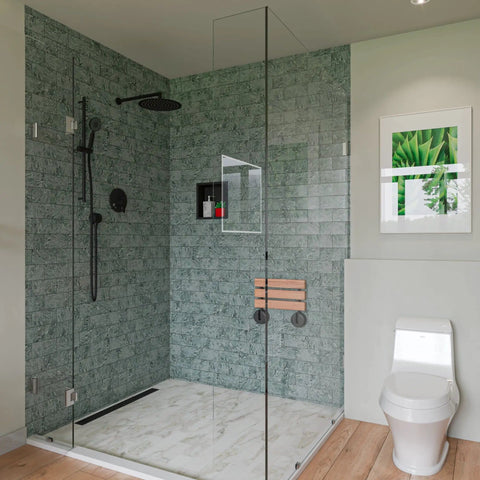 32 Inch Linear Shower Drain With Slick Black Matte Trim Guides Flow Fast Using Boss Level 14 Gauge 304 Stainless Steel And Packs A Quick Snap Out Debris Basket To Keep Your Shower Floor Completely Clog Free in modern bathroom design with glass walls.
