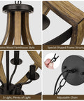 Modern Farmhouse Geometric 5 Light Chandelier With Adjustable Height Rustic Pendant Lighting For Dining Room Foyer And Kitchen Island In Black Wood Grain Finish With A Cool Vibe, wood and metal frame details, adjustable chain, black canopy