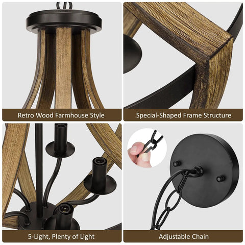Modern Farmhouse Geometric 5 Light Chandelier With Adjustable Height Rustic Pendant Lighting For Dining Room Foyer And Kitchen Island In Black Wood Grain Finish With A Cool Vibe, wood and metal frame details, adjustable chain, black canopy