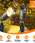 Solid Brass 12V Low-Voltage Wired Landscape Lighting Set Built Tough For Outdoor Spaces, Heavy-Duty Waterproof LED Spotlights For Yard, Trees And Garden, Bronze Uplights, MR16 Bulb Not Included, Classic 4 Pack displayed in a garden setting with lighting features highlighted.