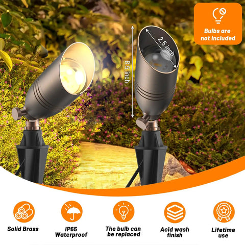 Solid Brass 12V Low-Voltage Wired Landscape Lighting Set Built Tough For Outdoor Spaces, Heavy-Duty Waterproof LED Spotlights For Yard, Trees And Garden, Bronze Uplights, MR16 Bulb Not Included, Classic 4 Pack displayed in a garden setting with lighting features highlighted.