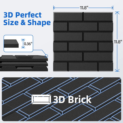 Premium 20 Pack Peel And Stick Acoustic Panels With High Density Soundproof Foam Tiles Designed For Easy Wall Mount Quick Noise Reduction Setup Ideal For Home Recordings And Chill Office Spaces In Matte Black showing 3D brick design and dimensions.