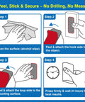 8-set heavy-duty adhesive hook-and-loop strips: clean surface, peel&attach hook, peel&attach loop, press24 hours.