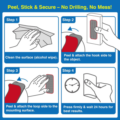8-set heavy-duty adhesive hook-and-loop strips: clean surface, peel&attach hook, peel&attach loop, press24 hours.