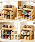 3 Piece Bamboo Water Bottle Organizer And Tumbler Lid Organizer Set with Two Tier Rack in various kitchen settings.