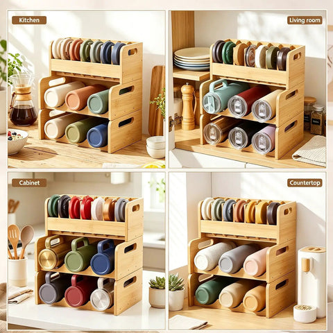 3 Piece Bamboo Water Bottle Organizer And Tumbler Lid Organizer Set with Two Tier Rack in various kitchen settings.