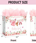 13 Inch Pink Floral Baby Gift Bag With Sturdy Handles Includes Matching Card And Three Sheets Of Tissue Paper The Perfect Gift Bag For Girl Baby Showers And Kiddo Birthday Parties, front and side view with dimensions.