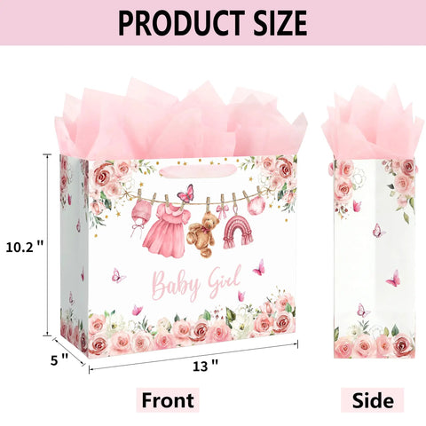 13 Inch Pink Floral Baby Gift Bag With Sturdy Handles Includes Matching Card And Three Sheets Of Tissue Paper The Perfect Gift Bag For Girl Baby Showers And Kiddo Birthday Parties, front and side view with dimensions.
