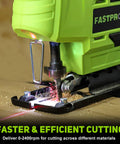 Top Shelf Badass 20V Cordless Jigsaw Kit Packed With Ten Durable Steel Blades And Smart Laser Edge Guide For Smooth No Sweat Cuts Across Hardwood Or Plywood Projects, showing powerful cutting action.