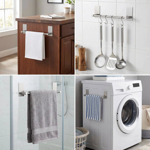 Adhesive Towel Bar 12 Inch Brushed Stainless Steel No Drill Stick On Bath Rack Easy Install Holds Strong On Smooth Surfaces in use