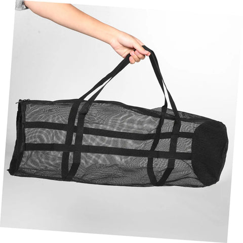 Large Mesh Sports Gear Bag For Gym And Outdoors, black breathable tote in hand, suitable for diverse sports equipment and travel.
