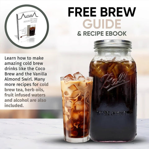 Go-To Wide Mouth Mason Jar Cold Brew Maker And Tea Infuser Stainless Steel Filter 64oz 2qt with iced coffee.