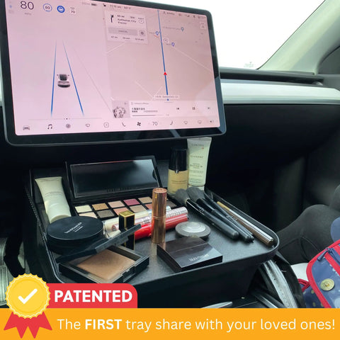 Tesla Model 3 Y Alset Tray Center Console Organizer for Autopilot with makeup essentials and tablet display.
