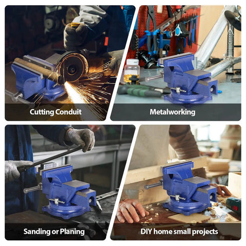 Heavy Duty 6 Inch Bench Vise Clamp With 150mm Jaw, Table Top Desktop Clamp, 360 Degree Swivel Base And Anvil For Your Home Woodshop And DIY Projects Today used in different tasks like cutting conduit, metalworking, sanding, and DIY projects.