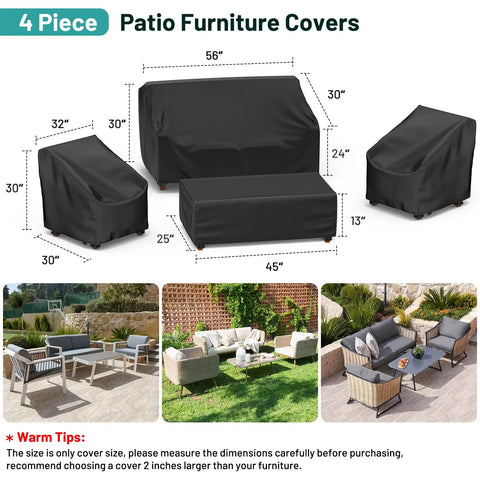 4 Piece Patio Furniture Cover Set Waterproof Outdoor Sofa 2 Chair Covers And Coffee Table Cover With Windproof Buckle Straps And Adjustable Drawstrings Black showing dimensions and setup