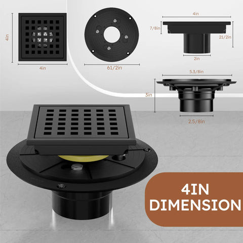 No Drama Matte Black 4 Inch Square Shower Drain Kit With Removable Grate Seamless Hair Catcher dimensions and design overview.