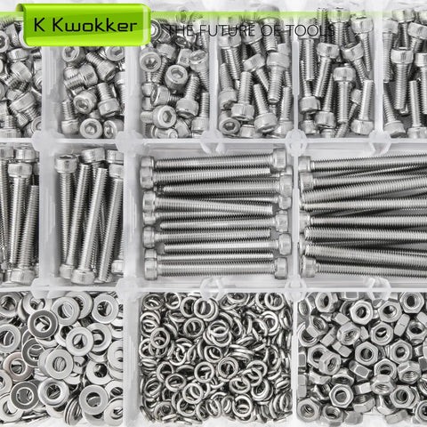 Assorted stainless steel pieces from 1040 Piece M4 Screws Nuts Bolts Kit 4mm To 45mm 304 Stainless Steel Hex Socket Head in organizer