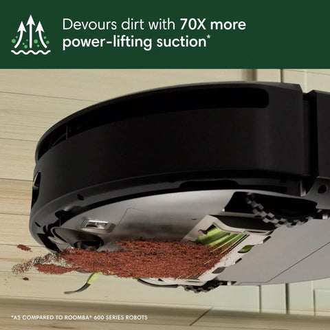 Underside view of Roomba 205 DustCompactor Vacuum Robot With No Dock Needed and 60 Days Between Empties in action on floor.