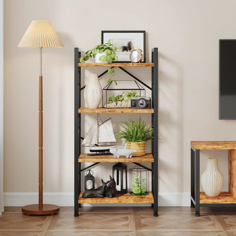 Four Tier Slim Bookshelf For Narrow Spaces Rustic Brown Faux Wood Wall Storage Rack Built For Tight Spots And Tiny Apartments Compact Floor Shelf Organizer Unit