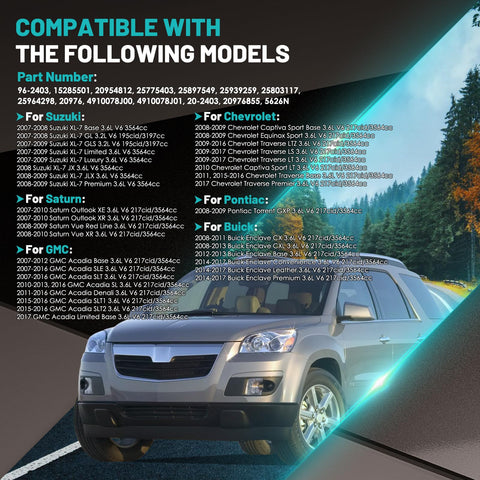 List of vehicle models compatible with Beefed Up Replacement Power Steering Pump With Pulley For Buick Enclave Chevy Traverse GMC Acadia Saturn Outlook 2007 Through 2017 3.6L V6 Fits 20954812 96 2403 beside an SUV image