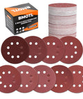 5 Inch 8 Hole Hook And Loop Sanding Discs Set with 160 pcs grit shown with packaging and stack of discs