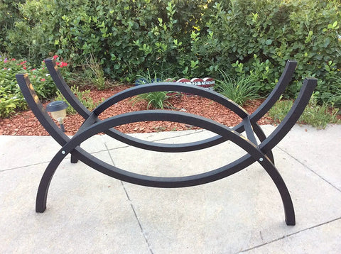 3 Foot Crescent Firewood Rack Heavy Duty Indoor Outdoor Steel Log Holder With Black Powder Coat Finish And Cover Made In USA Lifetime Structural Warranty UV Stabilized Finish And Simple Assembly on patio