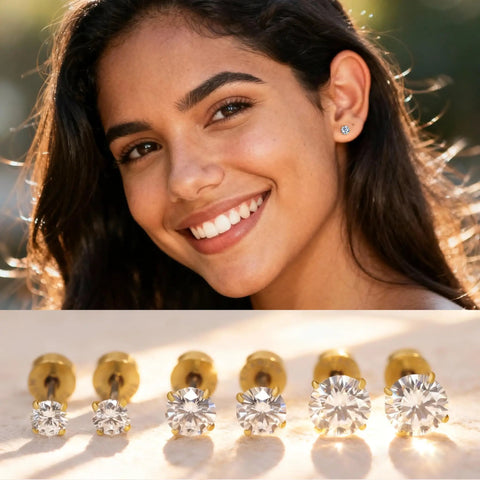 Hypoallergenic Titanium Screw Back Earrings Set Three Pairs VVS1 Sparkling Moissanite Studs displayed on a smiling woman.