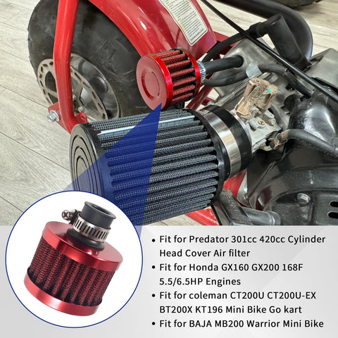 Red Air Filter Upgrade For 301cc 420cc Mini Bike Engines, installed on go-kart, fits CT200U Honda GX160 GX200 5.5/6.5HP.