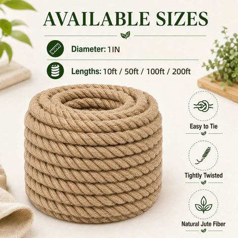 Beefy Heavy Duty 1 Inch Manila Jute Rope 50 Feet Natural Thick 4 Strand Twisted Coil on Display