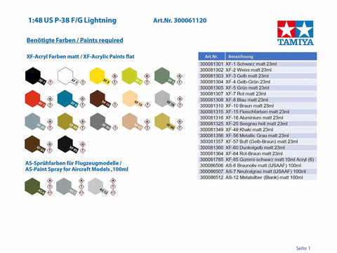 Paint guide for 1 48 Scale Lockheed P 38 Lightning F And G Model Kit showing required XF-Acrylic colors in 23ml size.