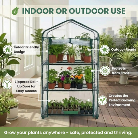 Three Tier Mini Greenhouse Portable Indoor Outdoor Grow Space With Rust Resistant Frame And PVC Cover, 27.5x19x50 Inches, Easy Setup, Ideal Starter Kit For Seedlings And Plant Flats