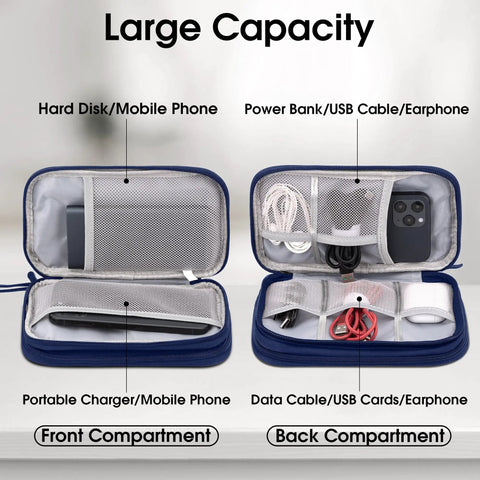 Grab And Go Waterproof Double Layer Cable Organizer Pouch Travel Carry Case For Cords Chargers Earphones Blue Medium Size