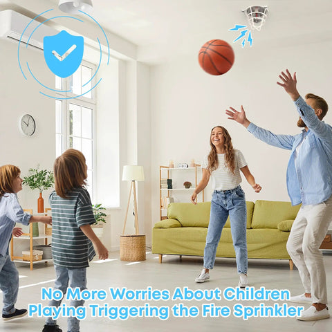 Built Tough Heavy Duty Steel Fire Sprinkler Head Protectors For Your Ceiling Flush Mount Setup With Rubber Wrapped Impact Guard Covers For One Half And Three Quarter Inch Systems with family playing indoors.