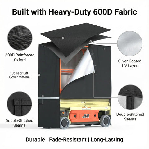Heavy Duty Scissor Lift Cover 75 X 34 X 87 Inch Tough As Nails Aerial Guard with 600D Fabric, showing reinforced seams and UV layer.