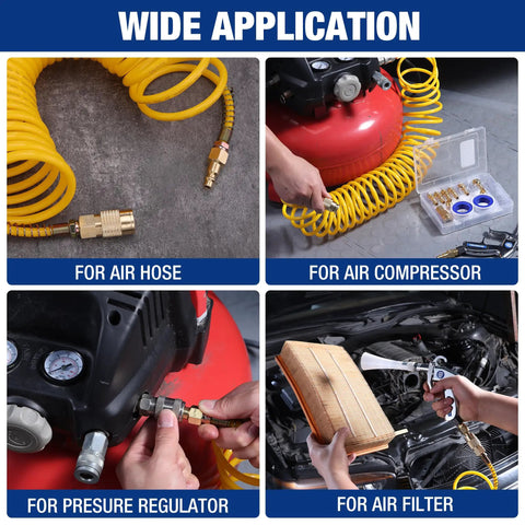 Pro Grade 16 Piece One Quarter Inch NPT Air Hose Fitting Kit with brass couplers used in air compressor and pneumatic tools